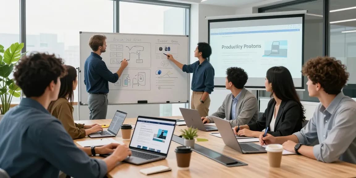 Team collaboration around the WPS Official Website in a modern office environment, showcasing technology and teamwork.
