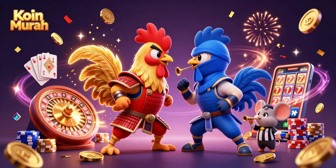 Koin Murah untuk pengisian ulang dengan roosters bertarung yang dikelilingi koin emas dan batu permata yang berkilauan.