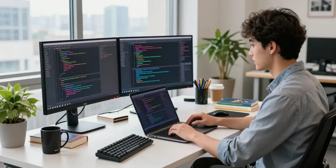 Experience the innovative Telegram Download process in a vibrant tech workspace, with a developer coding on dual monitors surrounded by modern tools.