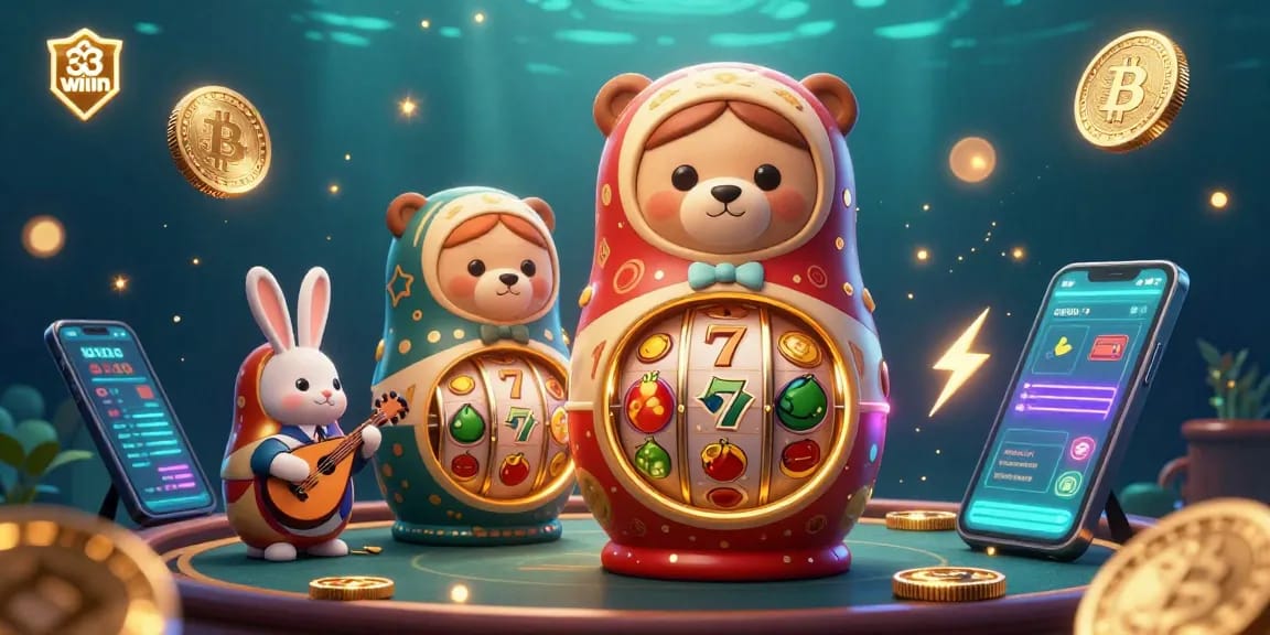 Engage with 33win in a vibrant casino scene featuring a Russian Matryoshka bear and crypto elements.