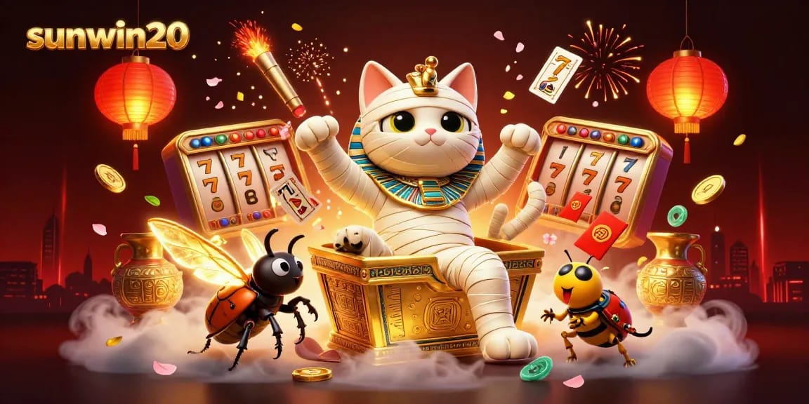 Experience the thrilling moment with sunwin20 as a mummy cat emerges from a sarcophagus in a vibrant casino scene.
