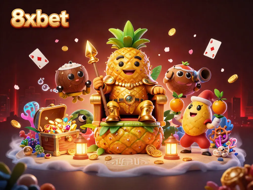 Engage with thrilling moments of 8xbet as the golden pineapple king reigns in a lively casino scene.