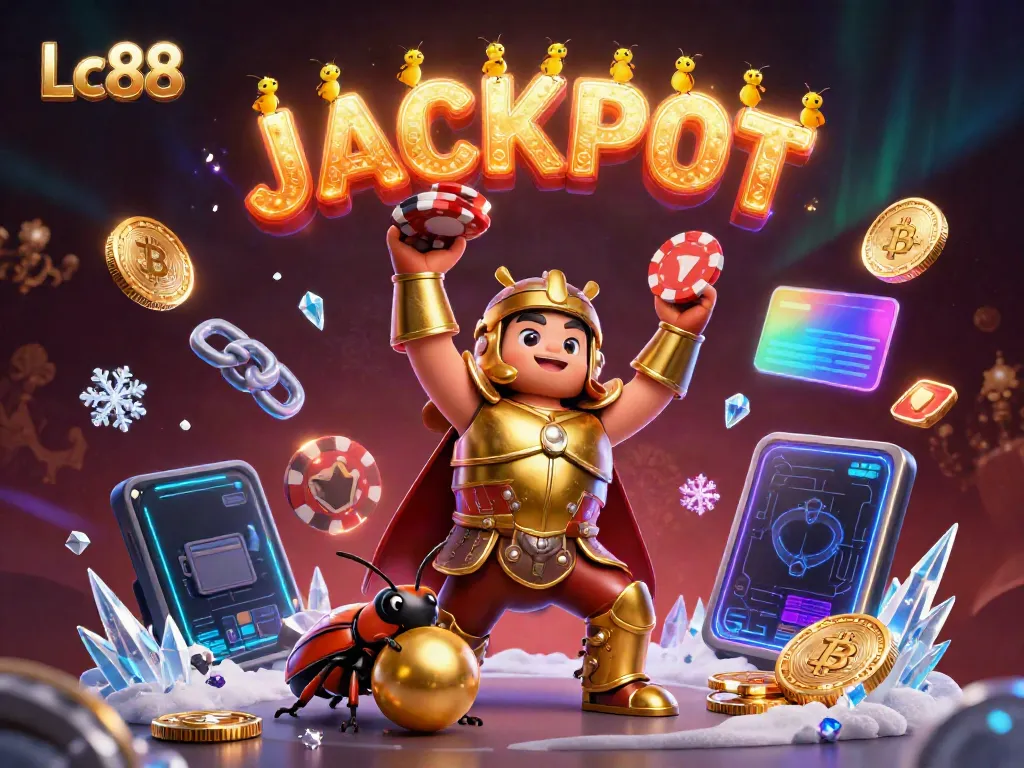 Experience the thrill of Lc88 with a victorious beetle, jackpot elements, and crypto coins in a rich atmosphere.