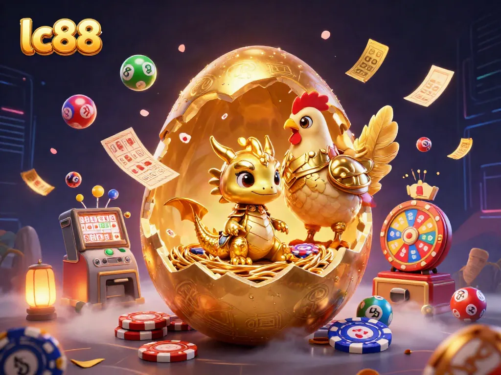 Exciting lc88 gaming scene with a dragon and lottery elements in a vivid 3D illustration.
