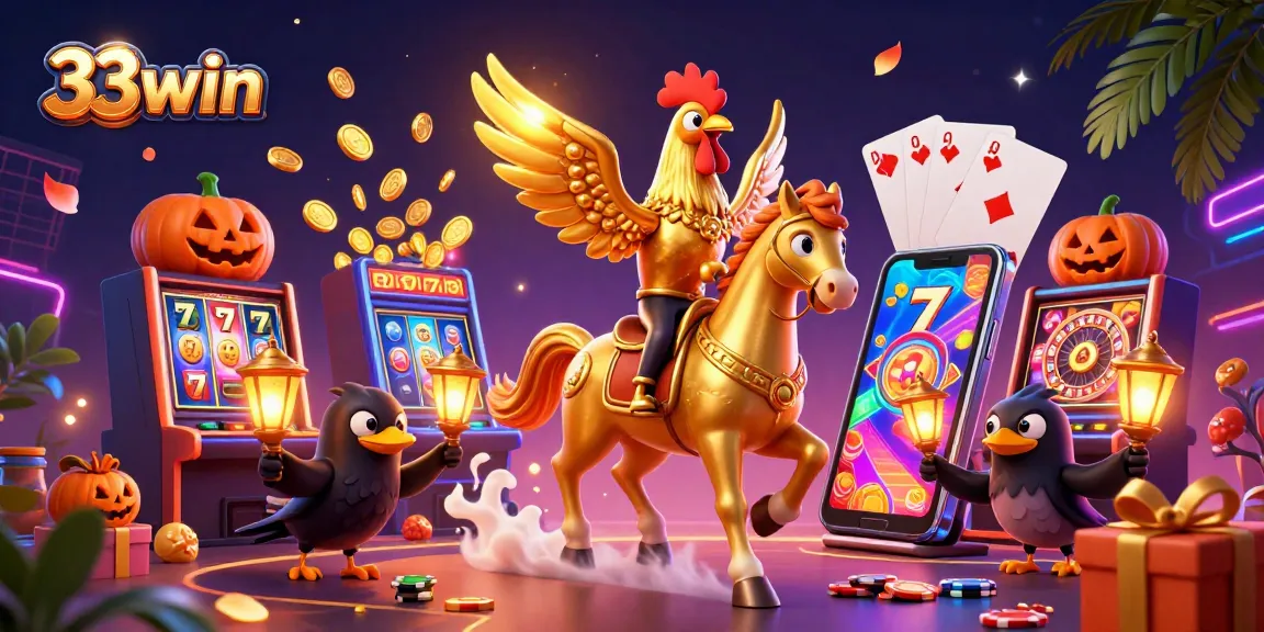 Experience thrilling gameplay with 33win in this vibrant casino scene featuring a golden rooster and slot machines.