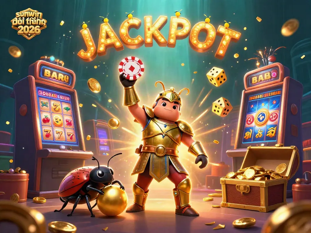 Experience the thrill of sunwin đổi thưởng 2026 with 3D cartoon characters celebrating a jackpot amidst casino elements.