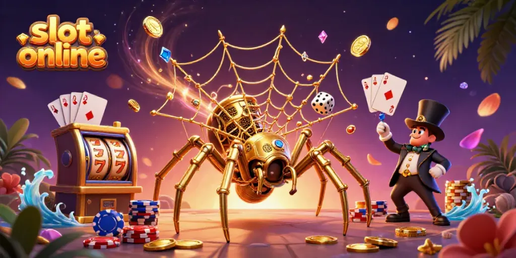 Experience the thrill of slot online with a vibrant 3D illustration featuring dynamic characters and game elements.