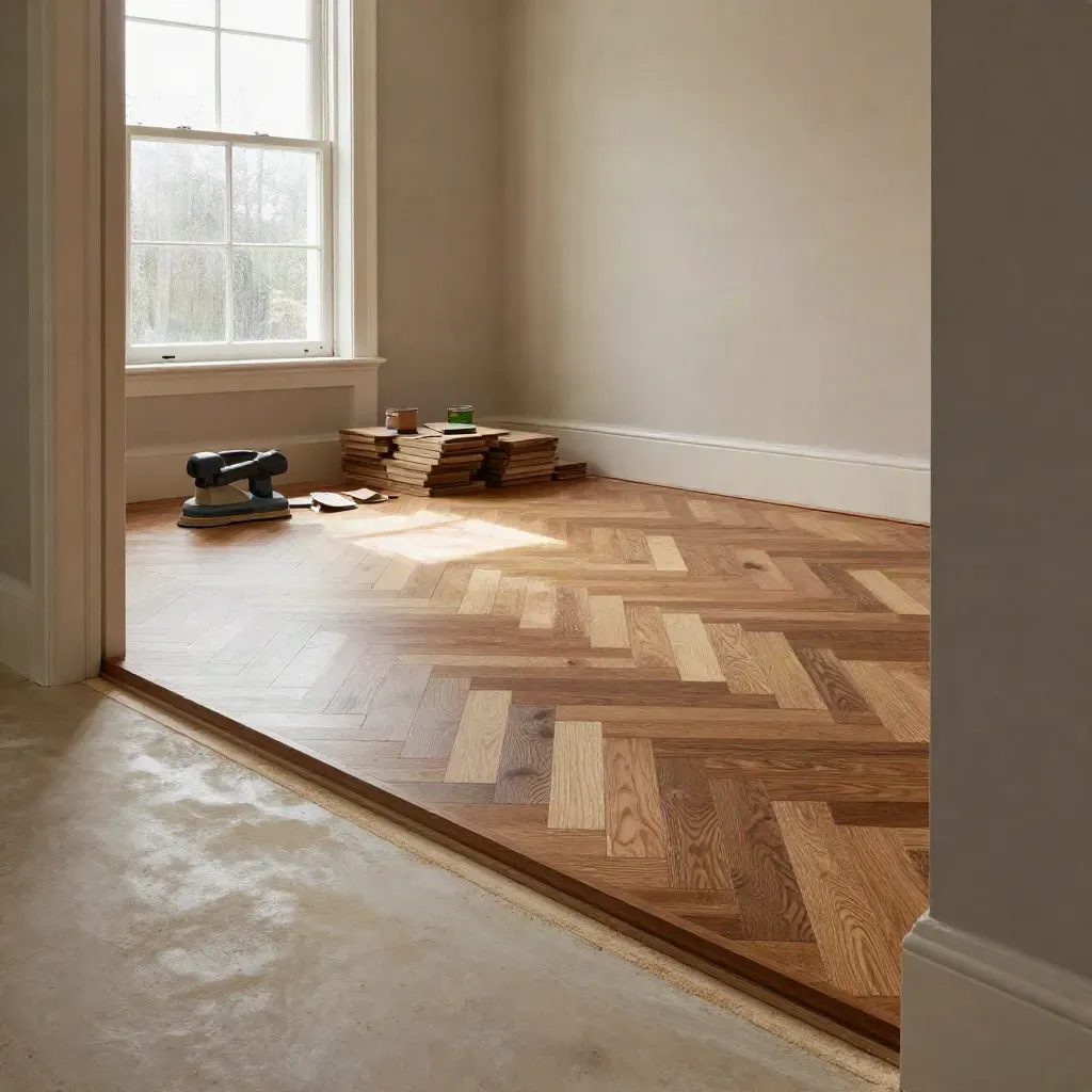 Parkettgolv i herringbone under läggning, slipmaskin och ekplankor i mjukt ljus.