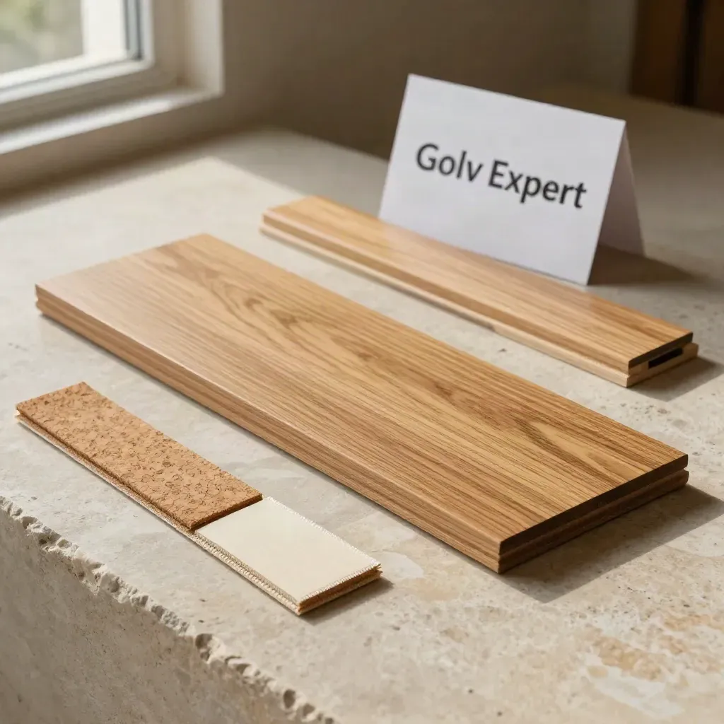 Golvkitet med ekprov, korkunderlag, fuktprov och tröskelbit på ljus sten