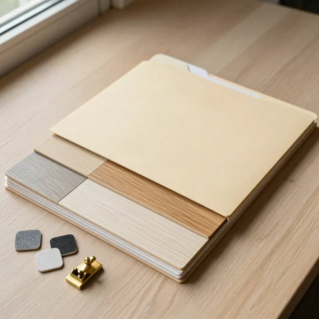 Stängd projektmapp med golvprover i ek, laminat och vinyl på ljus träyta.