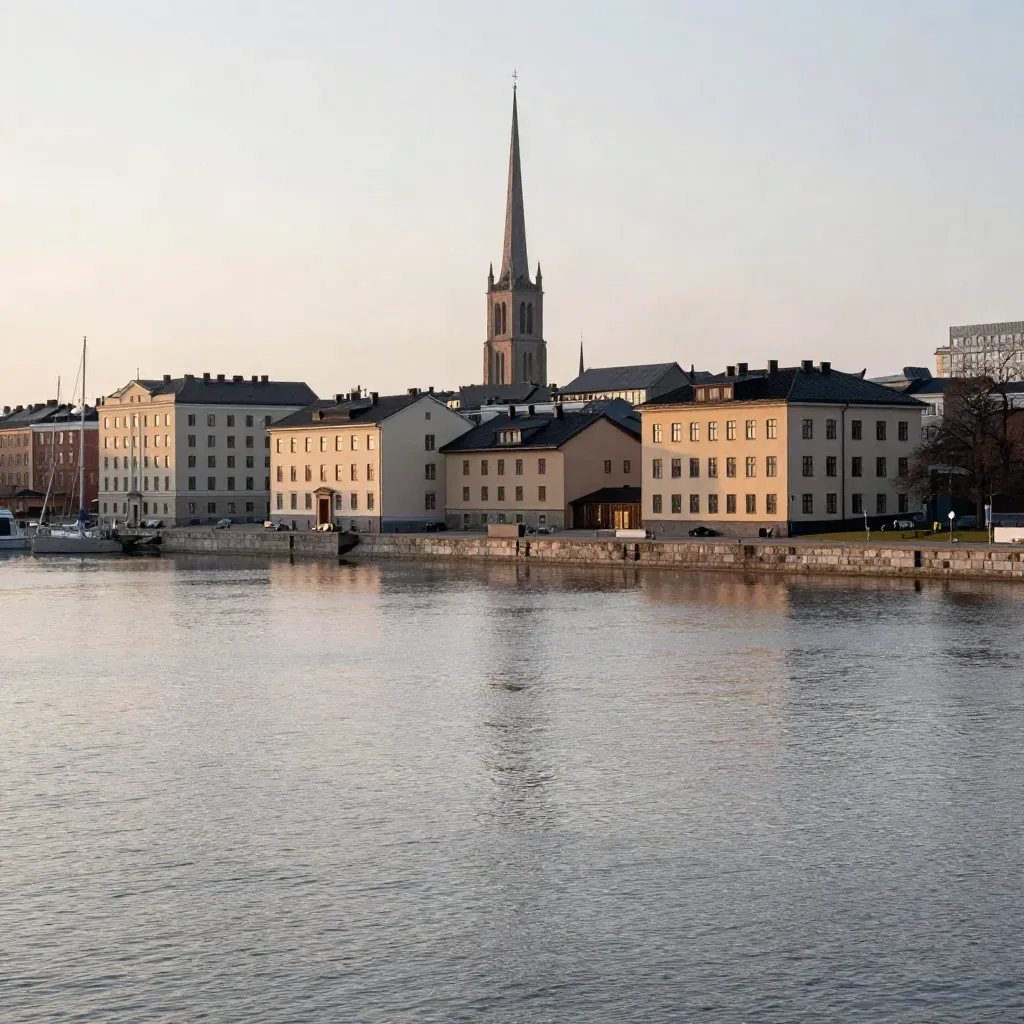 Västerås hamn med domkyrkspir och stilla vatten i blå timme