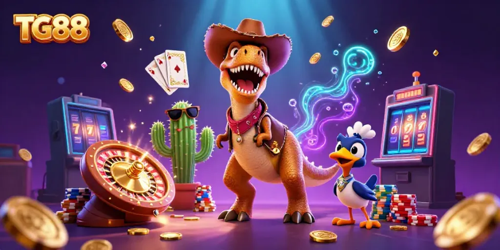 Engage in exciting games at TG88 with a vibrant scene of a cowboy dinosaur celebrating jackpot wins surrounded by casino elements.