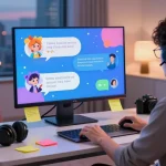 Engaging Crushon AI character interaction scene with vibrant chat bubbles and modern workspace.
