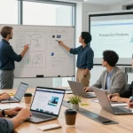 Team collaboration around the WPS Official Website in a modern office environment, showcasing technology and teamwork.