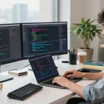 Experience the innovative Telegram Download process in a vibrant tech workspace, with a developer coding on dual monitors surrounded by modern tools.